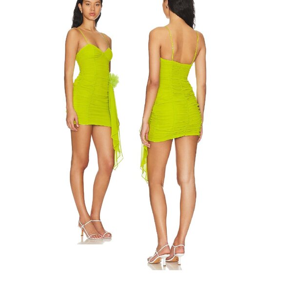 NEW FOR LOVE AND LEMONS LORLAI RUCHED CHIFFON MINI DRESS IN LIME GREEN SIZE S - Picture 2 of 16